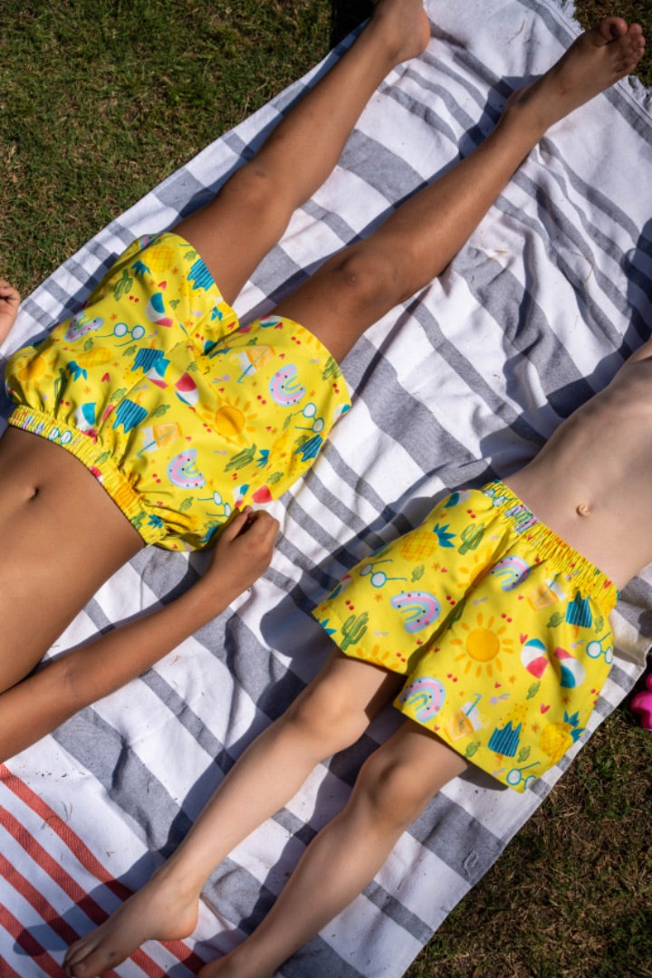 Bright yellow swim-shorts